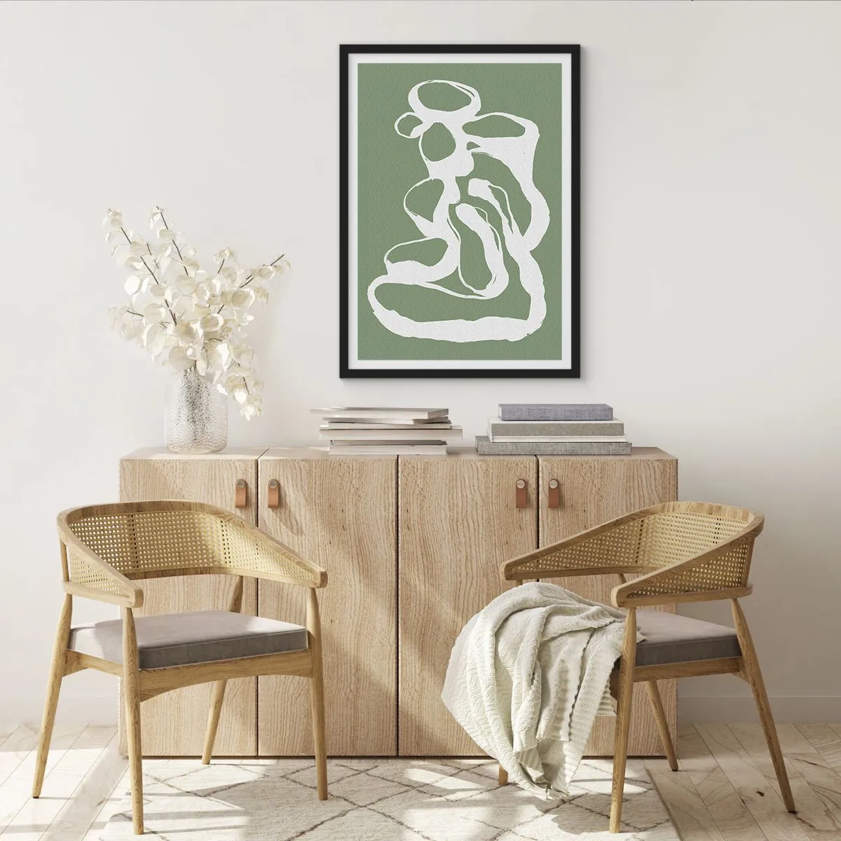 Affisch i svart ram - Abstrakt vit komposition på en grön bakgrund - 50x70cm - Rymdens kallelse - Modern väggdekoration för vardagsrum och sovrum ARTTOR