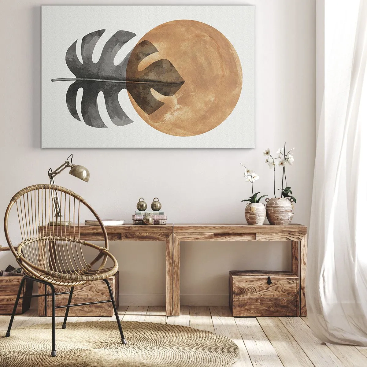 Canvastavla - Bild på duk - Monsterablad och guldcirkel på en ljus bakgrund - 70x50cm - Alltid solen - Modern väggdekoration för vardagsrum och sovrum ARTTOR
