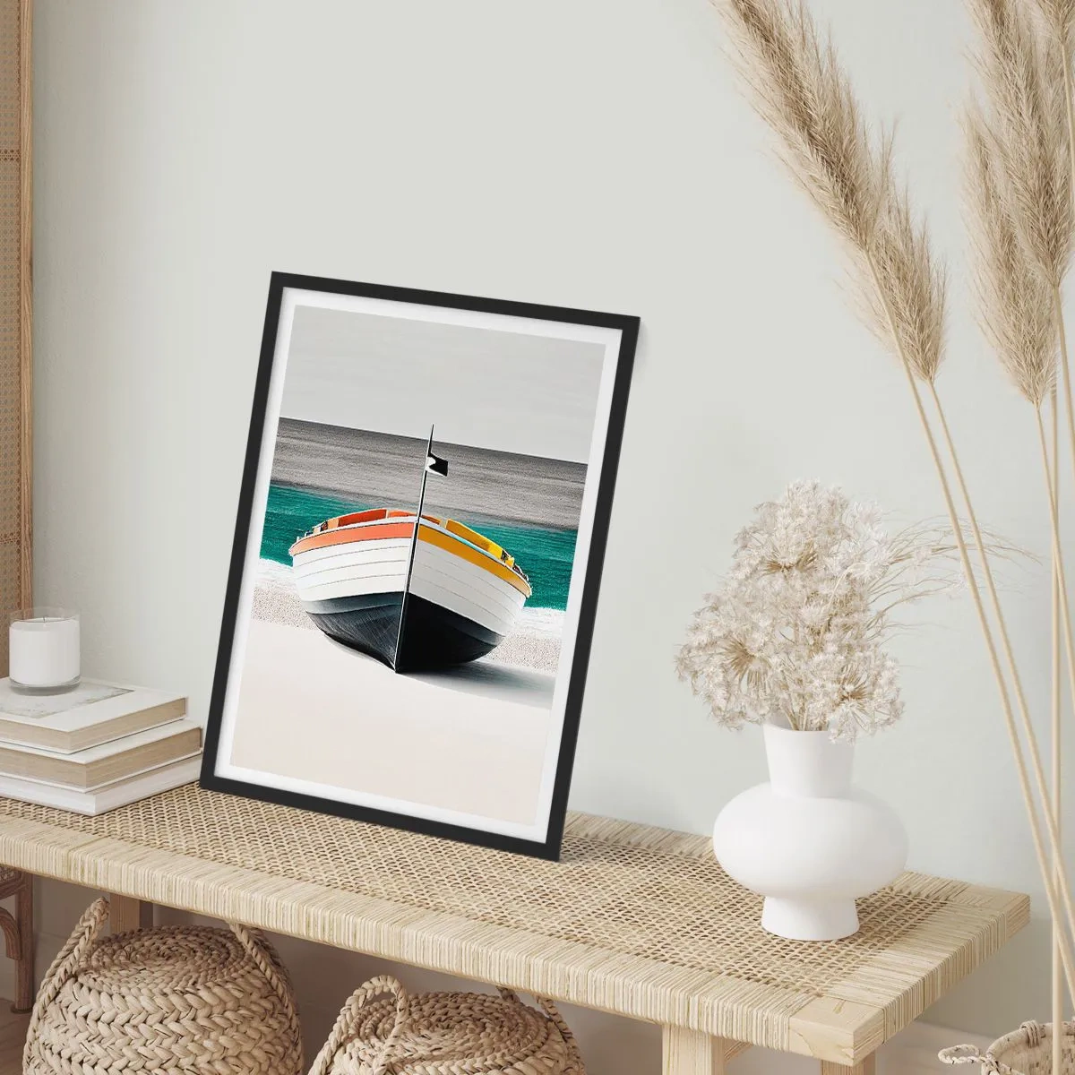 Affisch i svart ram - Ett färgfotografi av en båt mot bakgrund av hav och sand. - 50x70cm - På sin plats - Modern väggdekoration för vardagsrum och sovrum ARTTOR