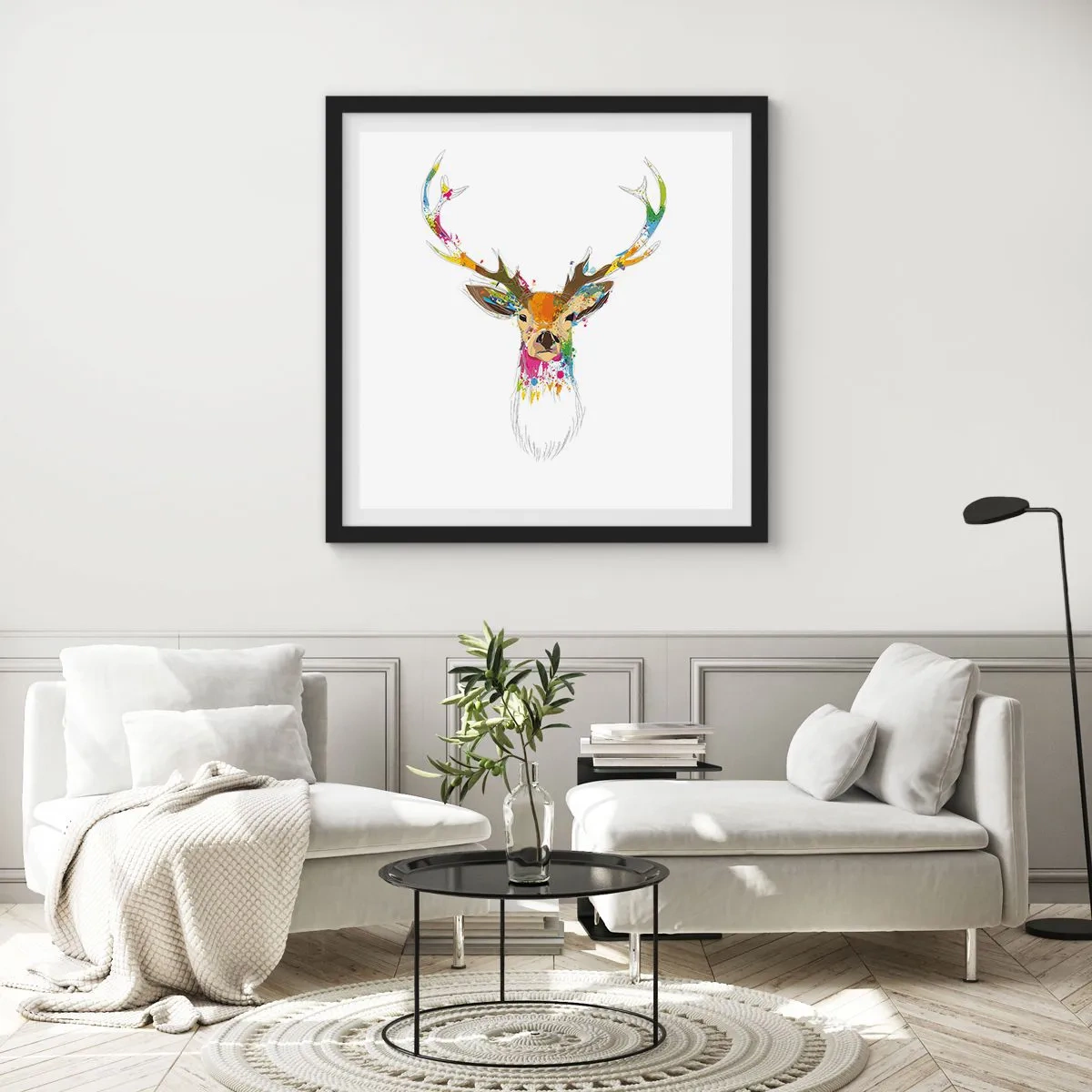 Affisch i svart ram - Hjort badar i färg - 60x60 cm