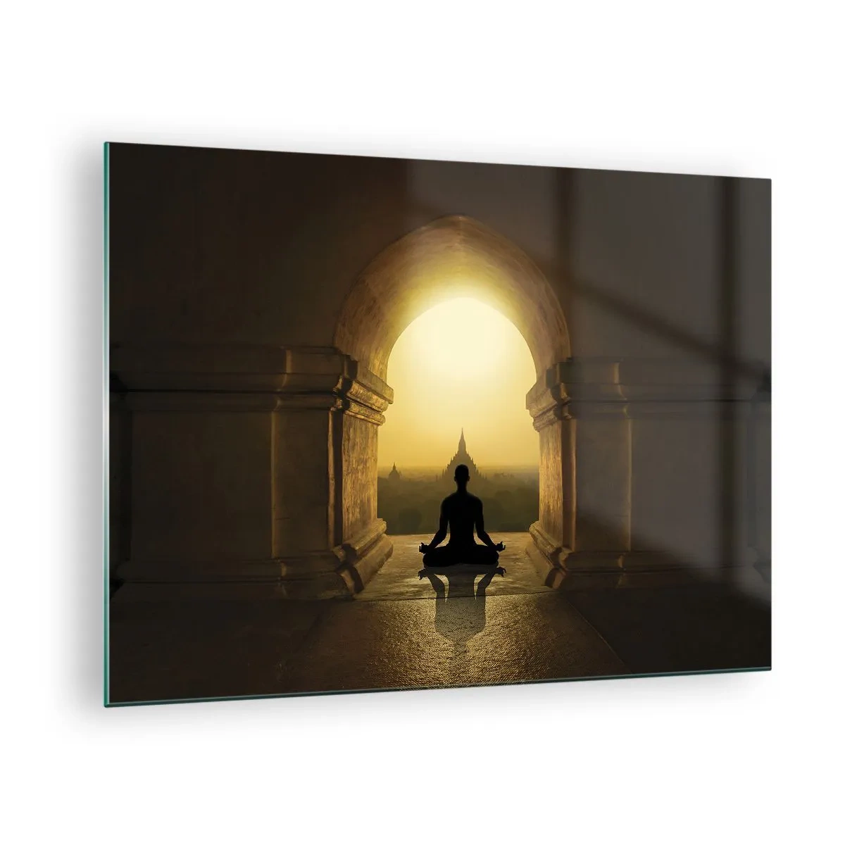 Glastavla - Bild på glas - Silhuett av en mediterande person i ljuset av den nedgående solen i en arkitektonisk båge - 70x50cm - Full harmoni - Modern väggdekoration för vardagsrum och sovrum ARTTOR