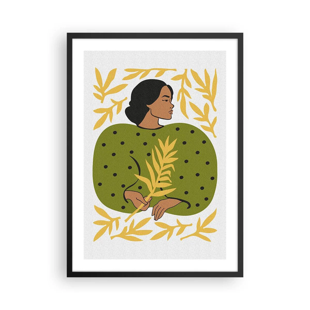 Affisch i svart ram - Porträtt av en kvinna i en grön klänning med ett gult lövverk, med ett delikat mönster - 50x70cm - Hawaiiansk flicka - Modern väggdekoration för vardagsrum och sovrum ARTTOR