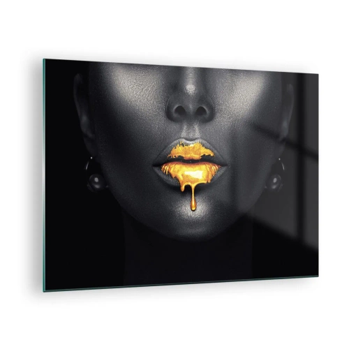 Glastavla - Bild på glas - Svart och guld porträtt av en kvinna med glänsande läppar - 70x50cm - Guldmun - Modern väggdekoration för vardagsrum och sovrum ARTTOR