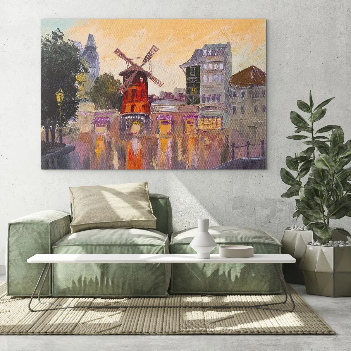 Glastavla - Bild på glas - Moulin Rouges röda väderkvarn bland parisiska hyreshus - 70x50cm - Ikoner av Paris – Moulin Rouge - Modern väggdekoration för vardagsrum och sovrum ARTTOR