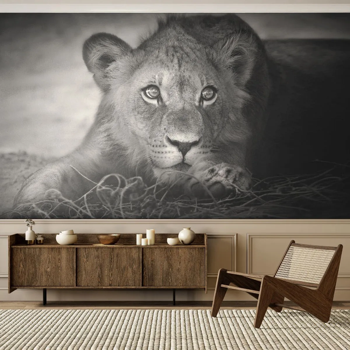 Fototapet Premium Canvas - Kunglig valp - Djur, Lejon, Svartvitt - 250x175 cm
