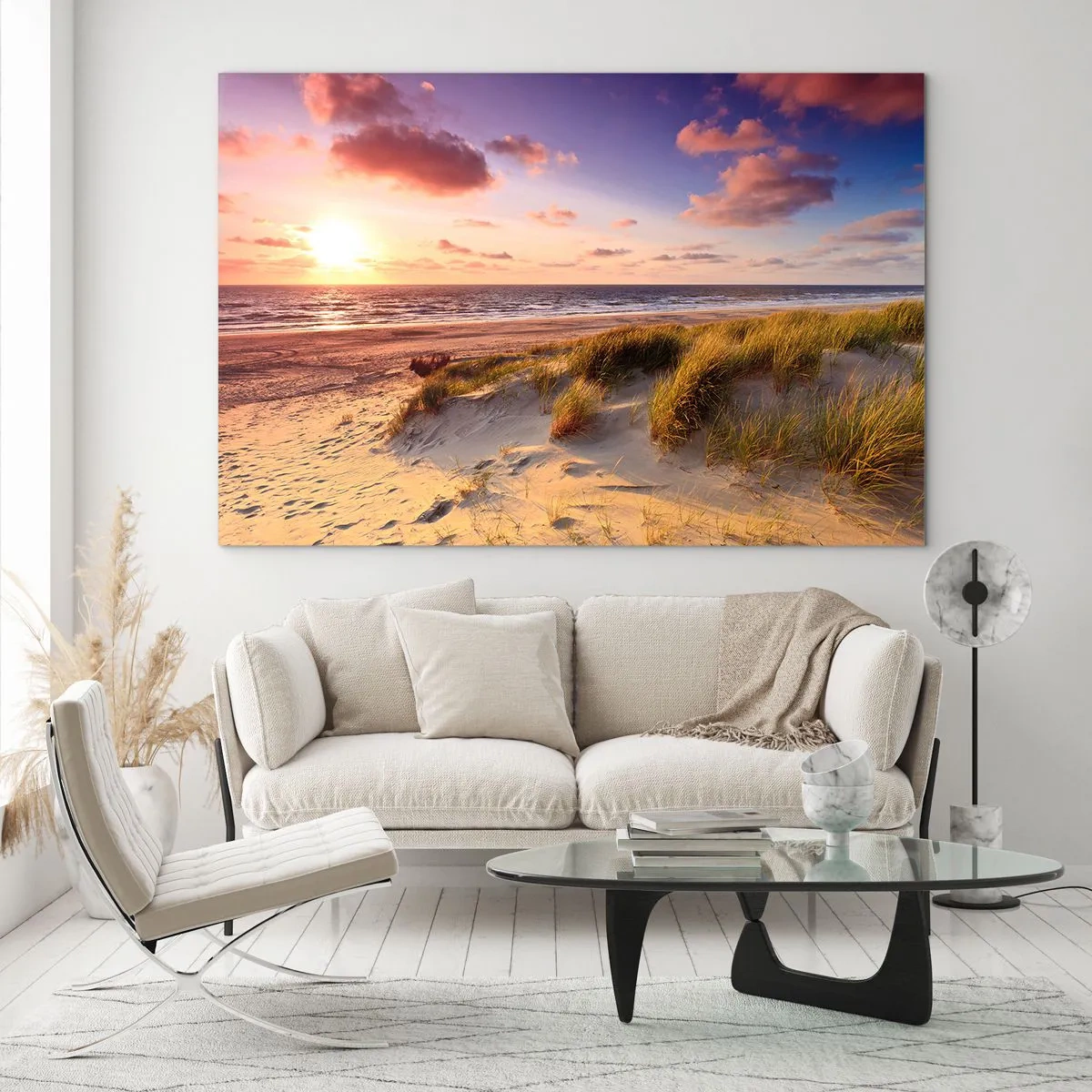 Glastavla - Bild på glas - Strand med sanddyner vid solnedgången - 70x50cm - Luften luktar sommar - Modern väggdekoration för vardagsrum och sovrum ARTTOR
