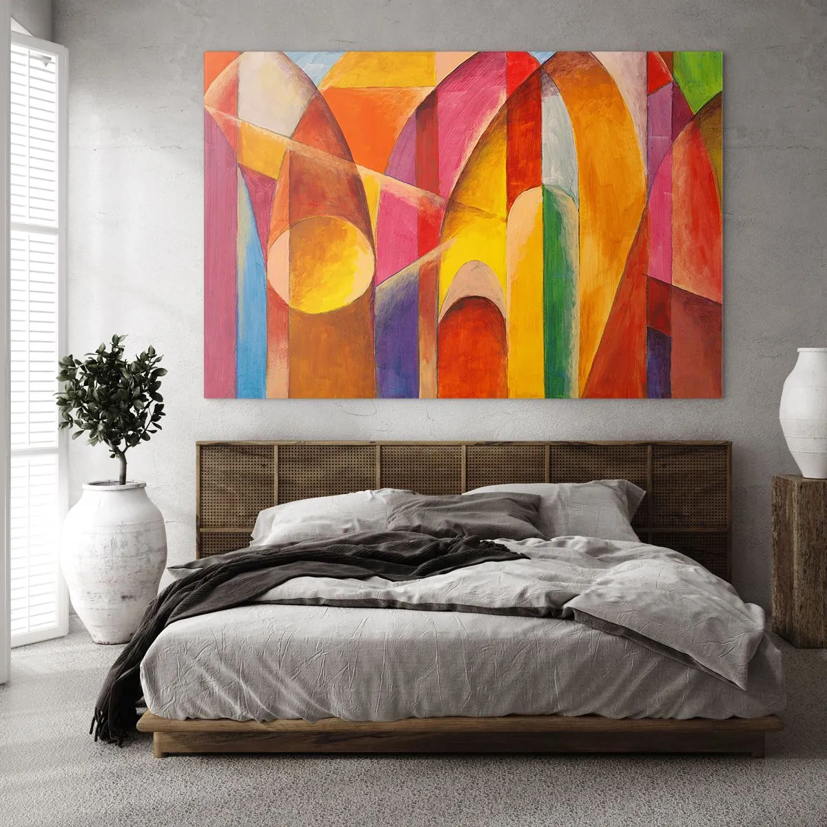 Glastavla - Bild på glas - Färgglad abstraktion med geometriska former - 70x50cm - Solens domkyrka - Modern väggdekoration för vardagsrum och sovrum ARTTOR