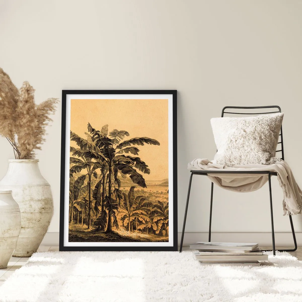 Affisch i svart ram - Illustration av palmer mot en tropisk landskapsbakgrund - 50x70cm - I kolonial stämning - Modern väggdekoration för vardagsrum och sovrum ARTTOR