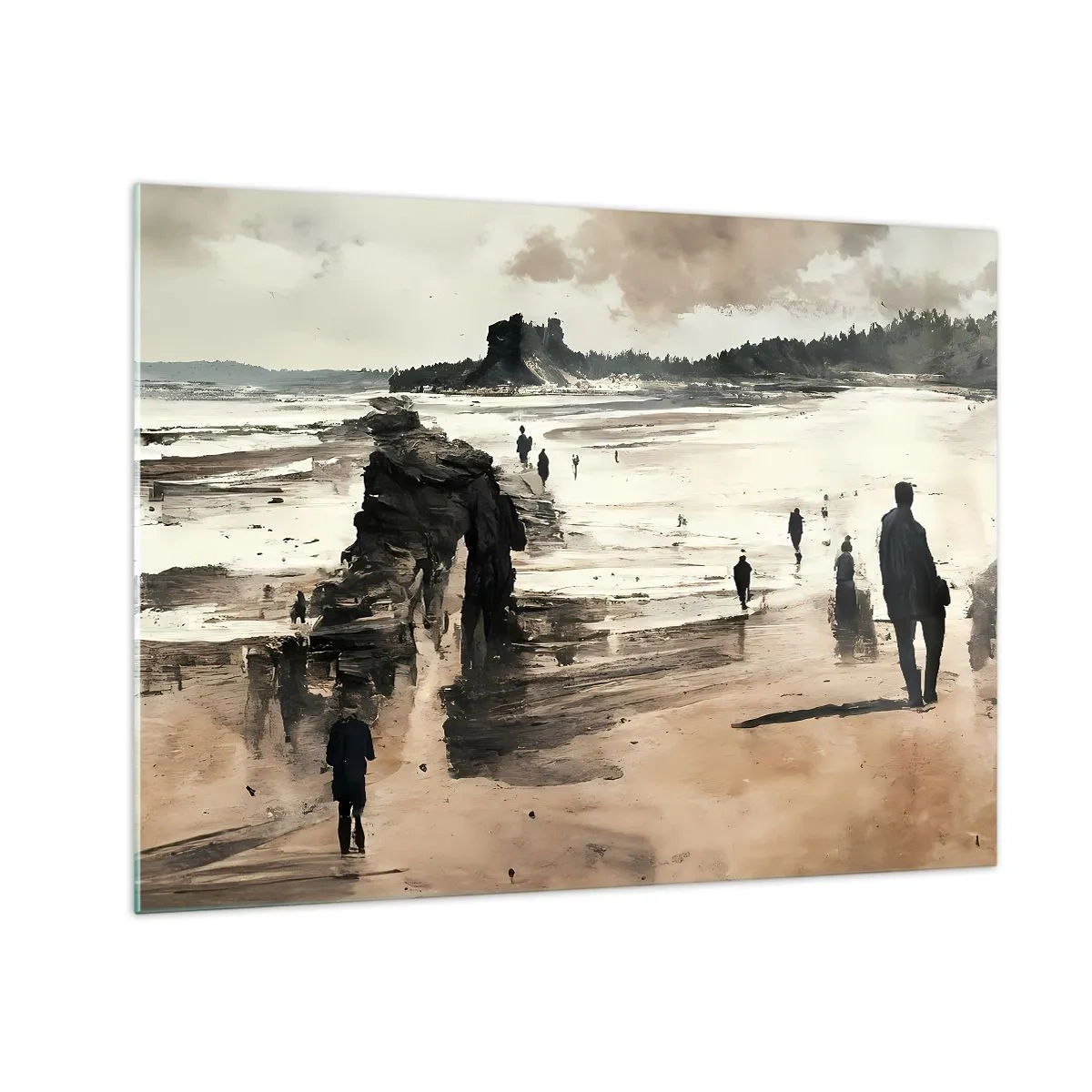 Glastavla - Bild på glas - Silhuetter som går på en bred strand under en molnig himmel - 70x50cm - Framkallade - Modern väggdekoration för vardagsrum och sovrum ARTTOR