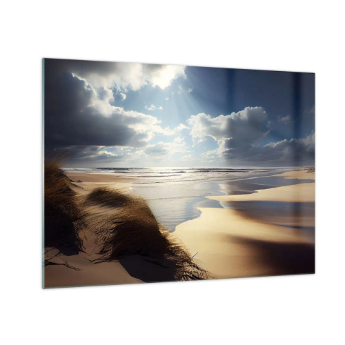 Glastavla - Bild på glas - En vild strand upplyst av solens strålar under molnen - 70x50cm - Strand, vild strand - Modern väggdekoration för vardagsrum och sovrum ARTTOR