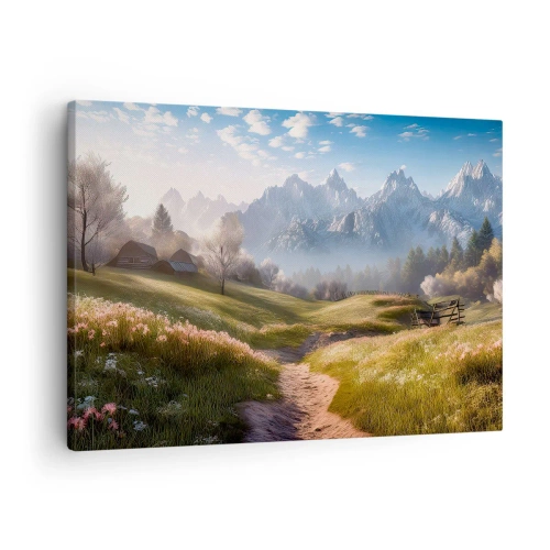 Canvastavla - Bild på duk - En bergsdal med ängar, stugor och utsikt över topparna - 70x50cm - Idyllisk dal - Modern väggdekoration för vardagsrum och sovrum ARTTOR