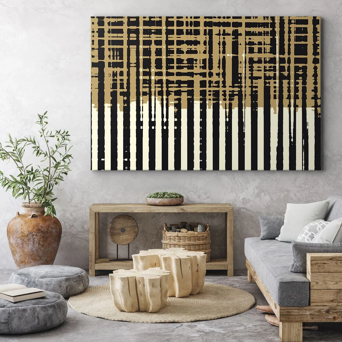 Canvastavla - Bild på duk - Abstrakta linjer i svart, beige och vitt - 70x50cm - Arkitektonisk abstraktion - Modern väggdekoration för vardagsrum och sovrum ARTTOR