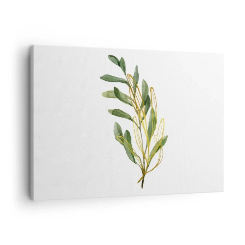 Canvastavla - Bild på duk - Grön gren med löv på en vit bakgrund - 70x50cm - Allt som är gott - Modern väggdekoration för vardagsrum och sovrum ARTTOR