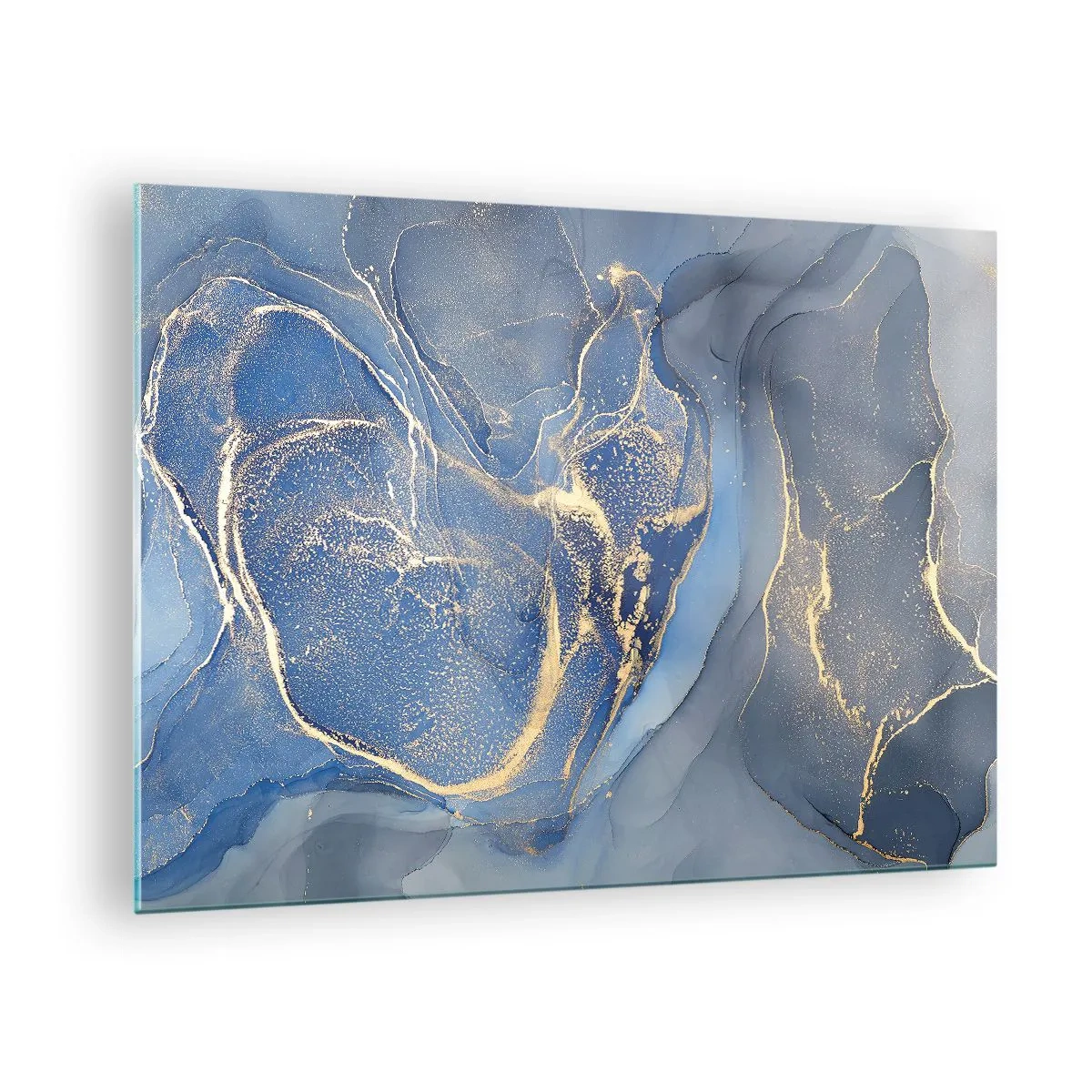 Glastavla - Bild på glas - En abstrakt komposition i nyanser av marinblått och guld - 70x50cm - Gulddamm - Modern väggdekoration för vardagsrum och sovrum ARTTOR