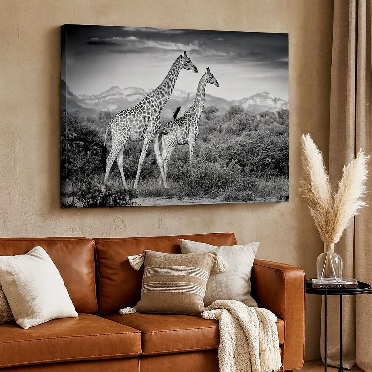 Canvastavla - Bild på duk - Svartvita silhuetter av två giraffer i savannen - 70x50cm - Högre klasser i Afrika - Modern väggdekoration för vardagsrum och sovrum ARTTOR