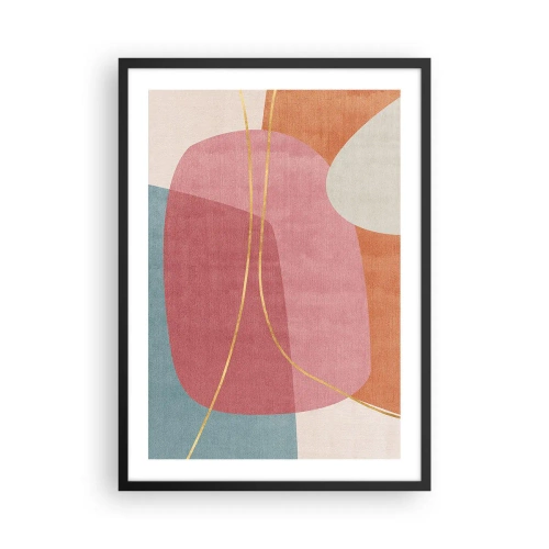 Affisch i svart ram - Färgglad abstraktion med geometriska former och gyllene linjer - 50x70cm - Pastellkomposition med guldtråd - Modern väggdekoration för vardagsrum och sovrum ARTTOR