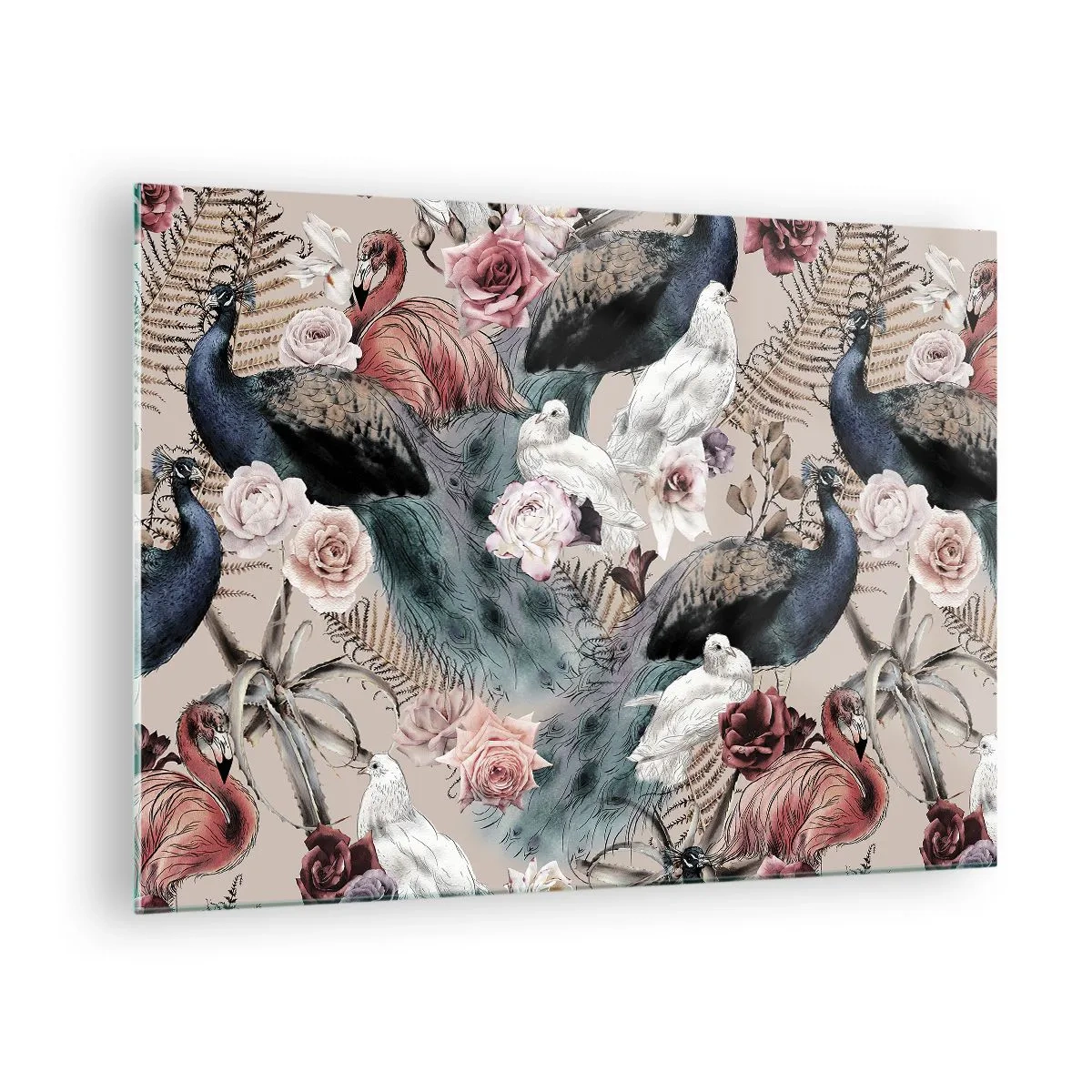 Glastavla - Bild på glas - Påfåglar och flamingos omgivna av rosor och ormbunkar - 70x50cm - I palatsträdgården - Modern väggdekoration för vardagsrum och sovrum ARTTOR