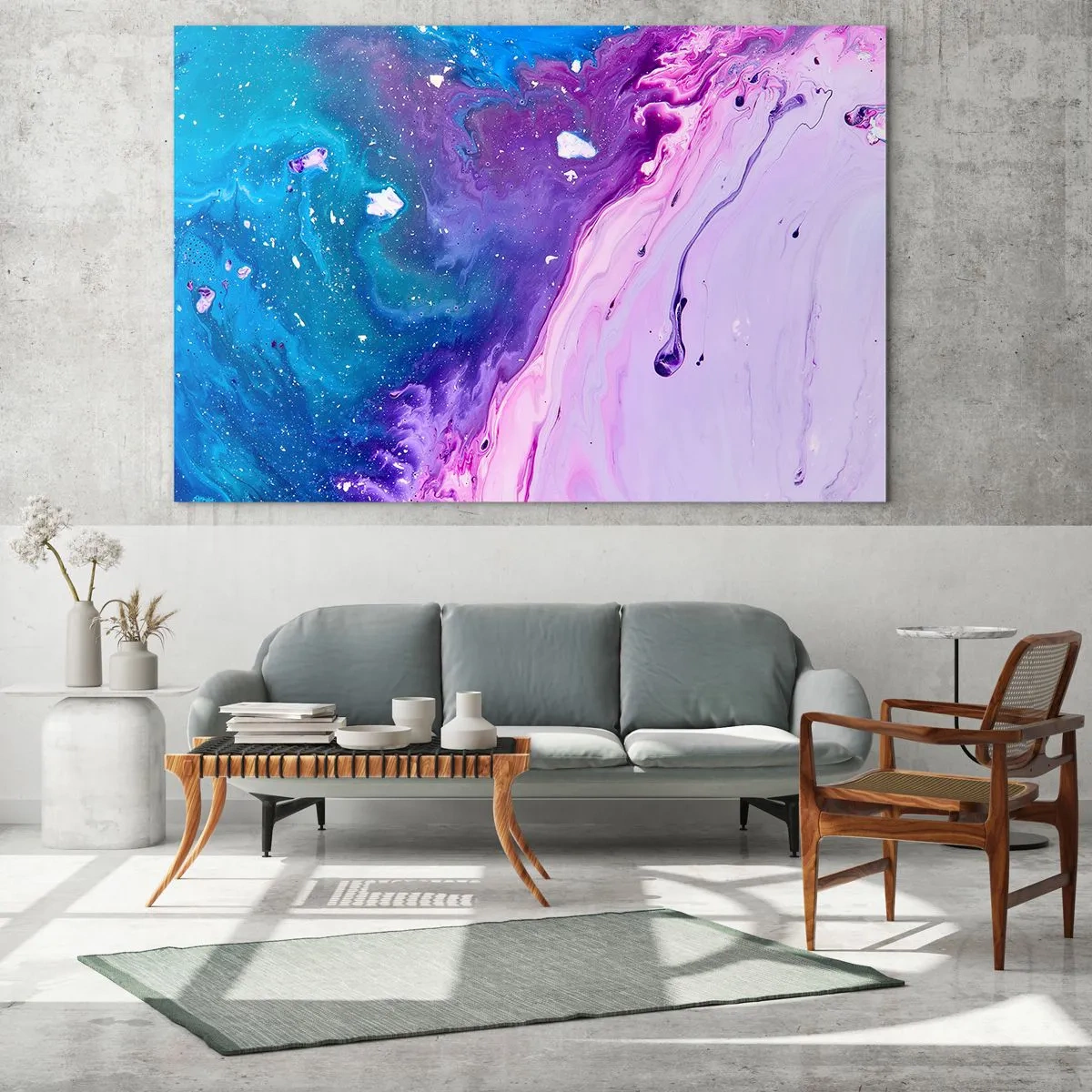 Glastavla - Bild på glas - En abstrakt komposition med en blandning av lila, blå och rosa färger. - 70x50cm - Yin och yang - Modern väggdekoration för vardagsrum och sovrum ARTTOR