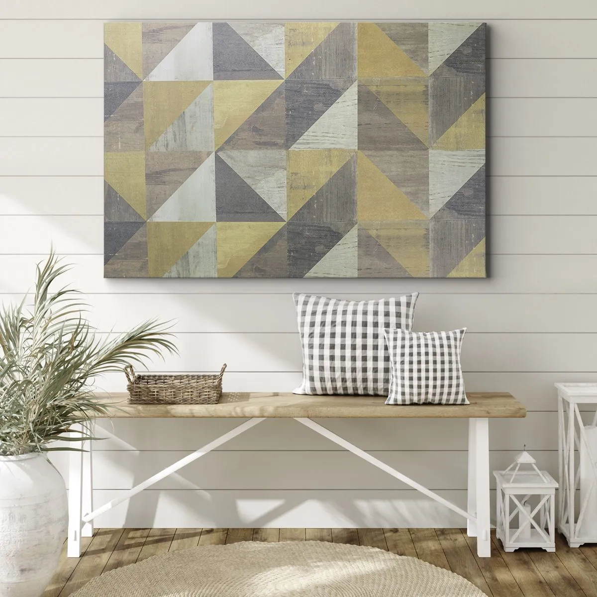 Canvastavla - Bild på duk - Geometrisk komposition av trianglar i jordnära nyanser - 70x50cm - Under triangelns vinkel - Modern väggdekoration för vardagsrum och sovrum ARTTOR