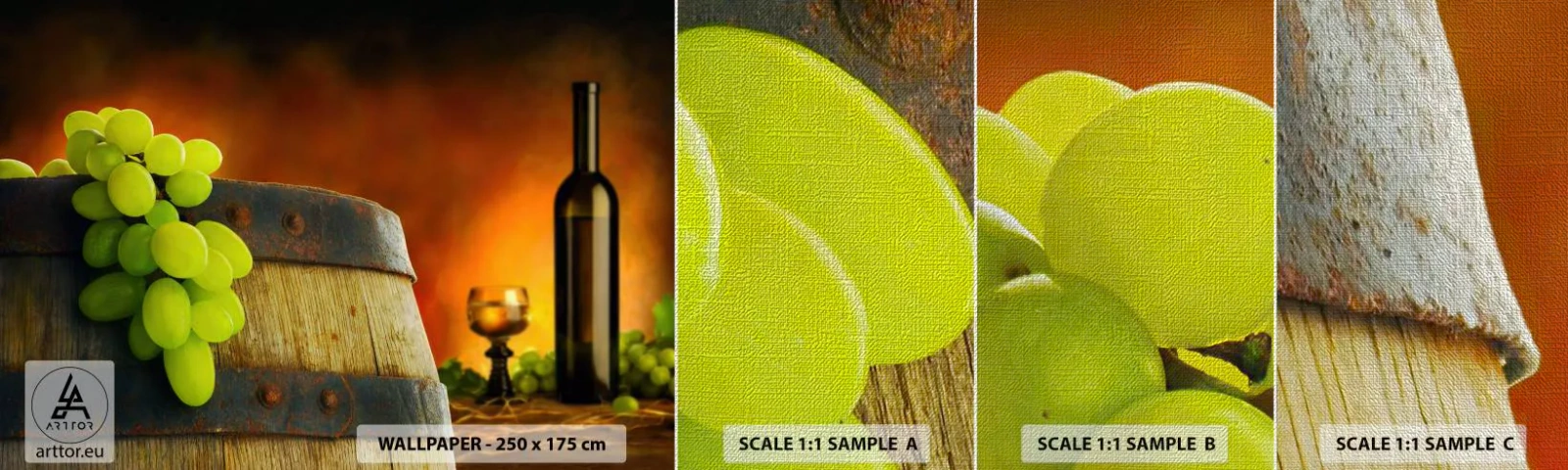 Provbit av fototapet Premium Canvas - Stilleben med vinflaska och vindruvor - Druva, Vin, Vinfat - 100x30 cm