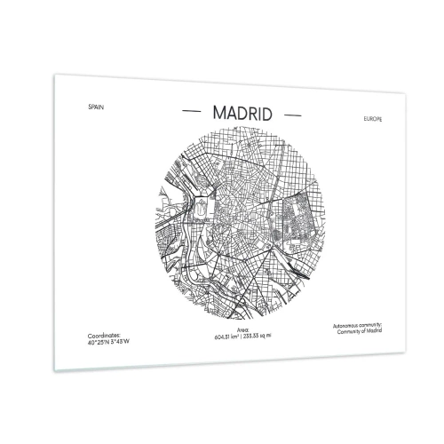 Glastavla - Bild på glas - En svartvit minimalistisk karta över Madrid i cirkulär form. - 70x50cm - Madrids anatomi - Modern väggdekoration för vardagsrum och sovrum ARTTOR