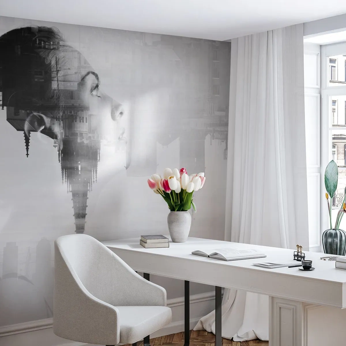 Fototapet Standard Eco - På rutans båda sidor - Abstraktion, Kvinnans ansikte, Arkitektur - 350x256 cm