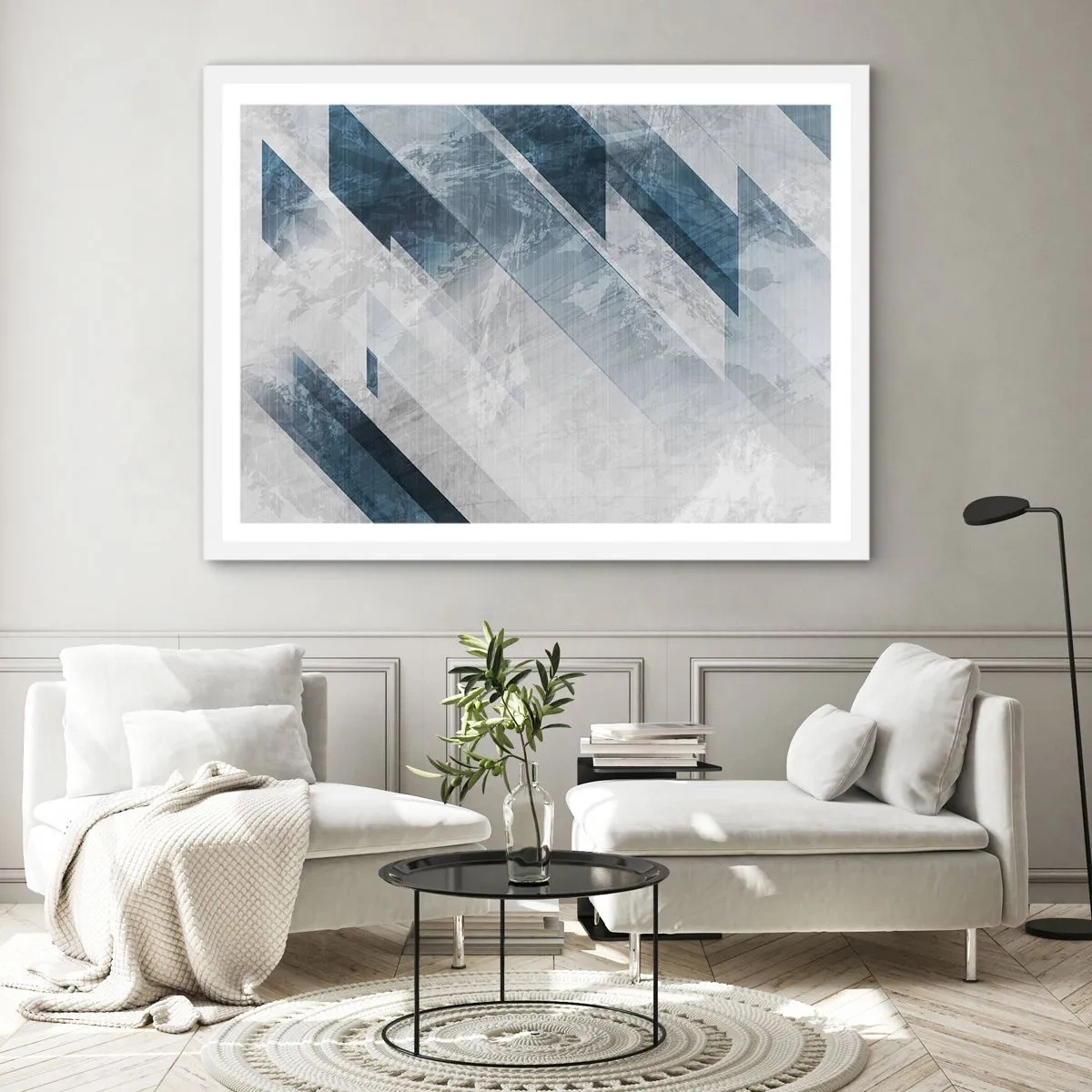 Affisch i vit ram - Tredimensionell komposition – gråhetens rörelse - 40x30 cm