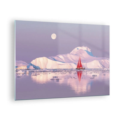 Glastavla - Bild på glas - En segelbåt mot bakgrund av glaciärer i månskenet - 70x50cm - Seglens glöd, isens kyla - Modern väggdekoration för vardagsrum och sovrum ARTTOR