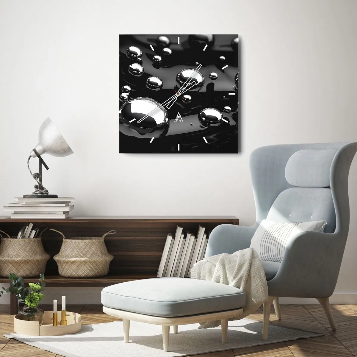 Väggklocka - Klocka på glas - Ur svarta massan - 40x40 cm