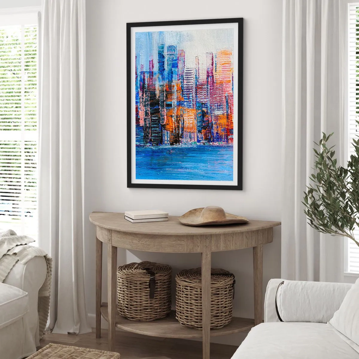 Affisch i svart ram - Abstrakt stadspanorama i intensiva färger - 50x70cm - En glädjefylld metropol - Modern väggdekoration för vardagsrum och sovrum ARTTOR