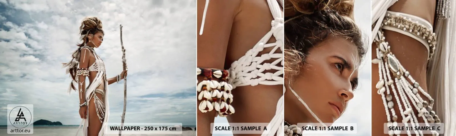 Provbit av självhäftande fototapet Deluxe Sticker - Tropikens drottning - Kvinna, Etnisk klänning, Stam - 100x30 cm