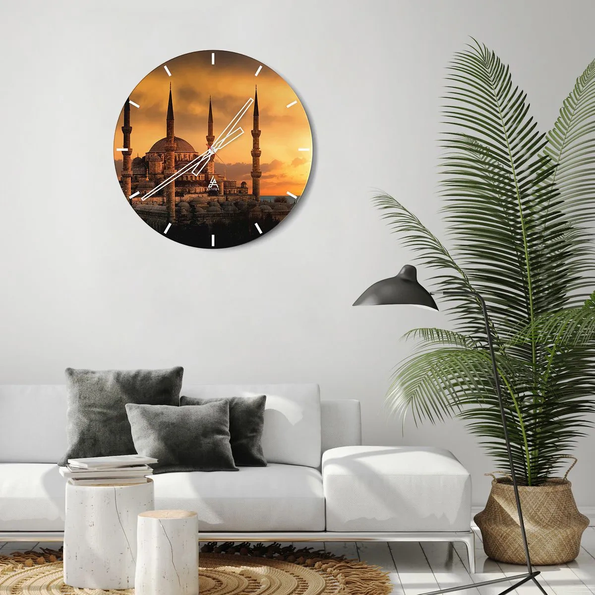Väggklocka - Klocka på glas - Moskén i den nedgående solens sken - 30x30cm - Gud är stor - Modern väggdekoration för vardagsrum, kök och sovrum ARTTOR