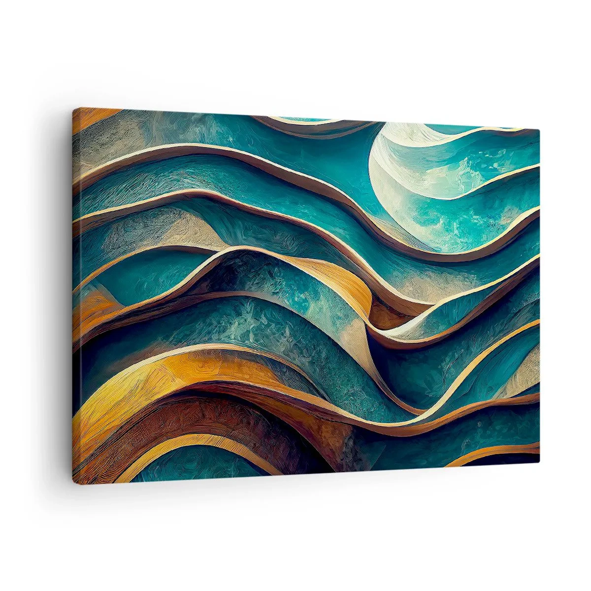 Canvastavla - Bild på duk - Abstrakta vågor i nyanser av turkos och guld - 70x50cm - Meandrar av blått - Modern väggdekoration för vardagsrum och sovrum ARTTOR