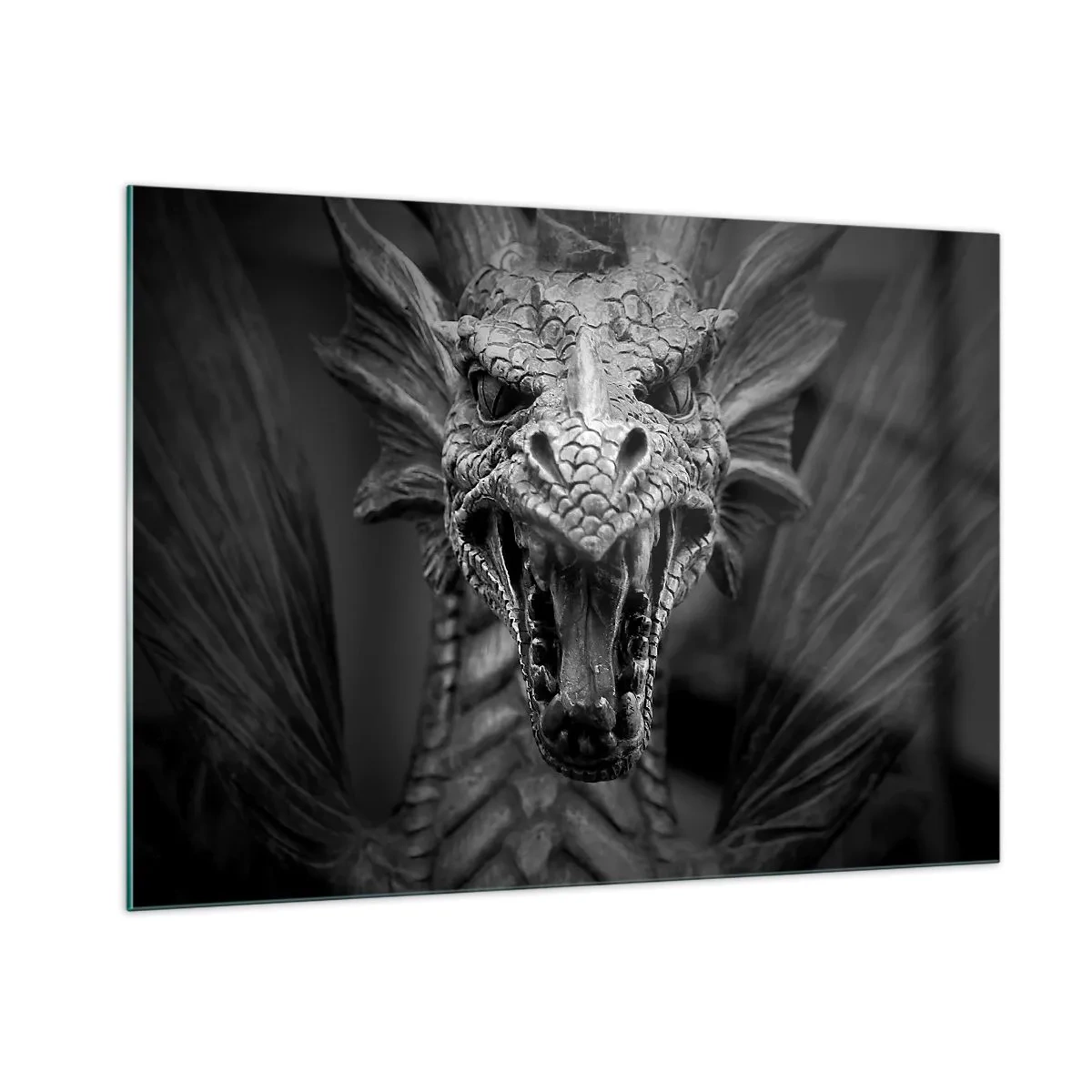 Glastavla - Bild på glas - En sagodrake i grånyans - 100x70 cm