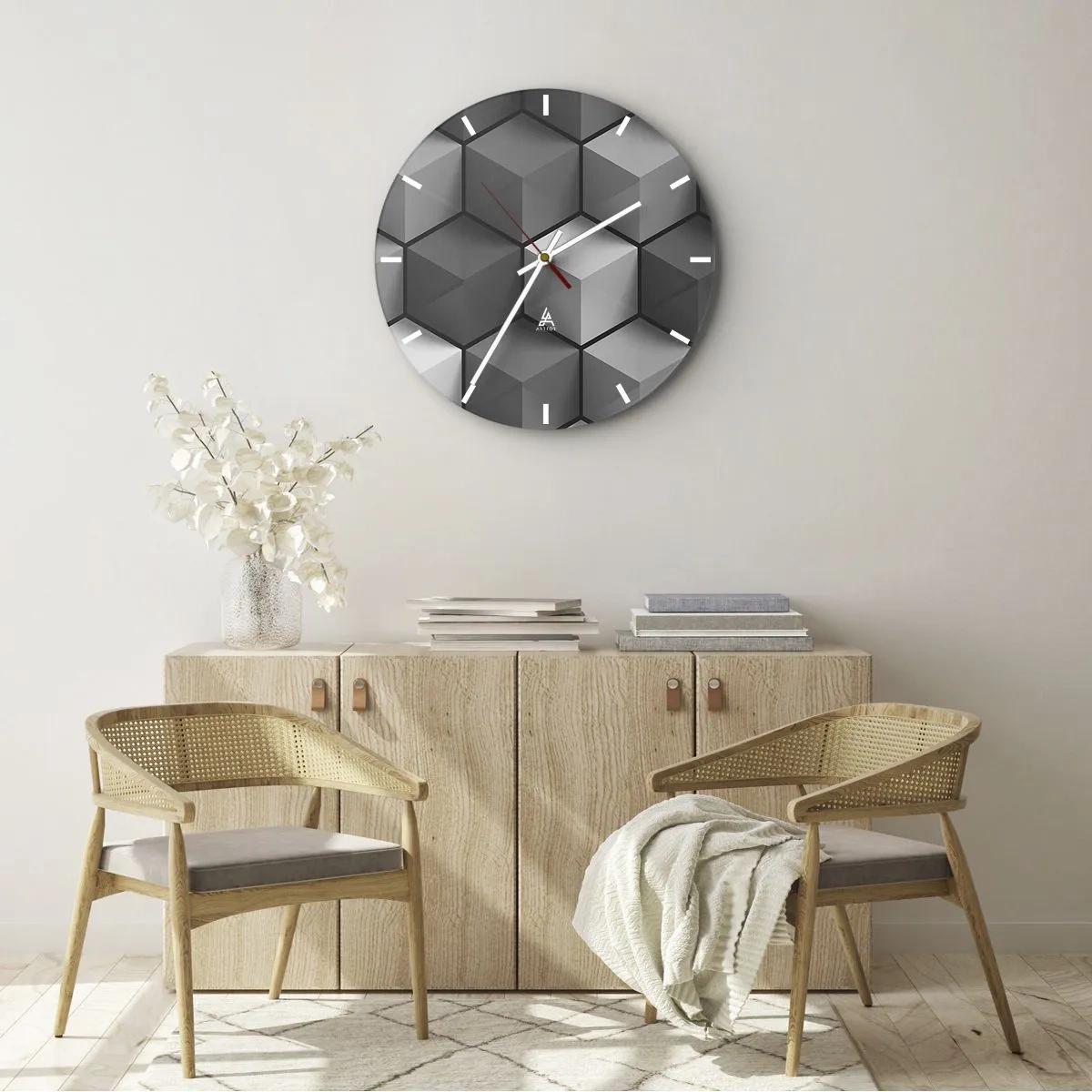 Väggklocka - Klocka på glas - 3D-kubiska figurer i ett geometriskt arrangemang - 30x30cm - Kubistiskt pussel - Modern väggdekoration för vardagsrum, kök och sovrum ARTTOR