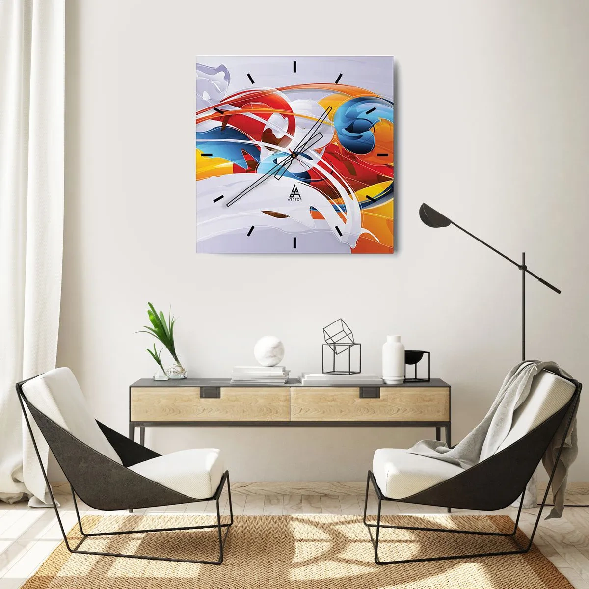 Väggklocka - Klocka på glas - Elementens dans - 30x30 cm