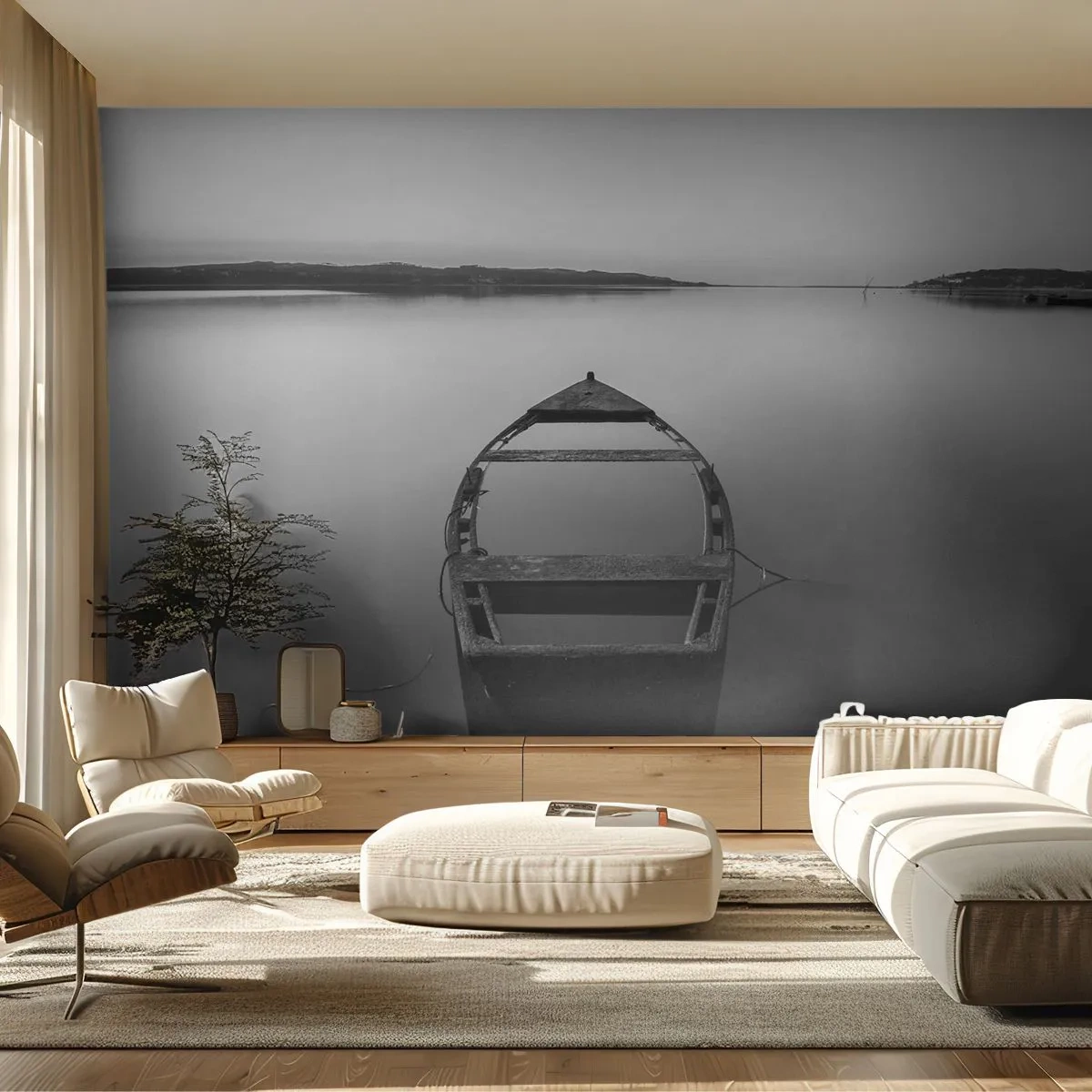 Fototapet Premium Sand - Längtan och melankoli - Landskap, Sjö, Båt - 100x70 cm