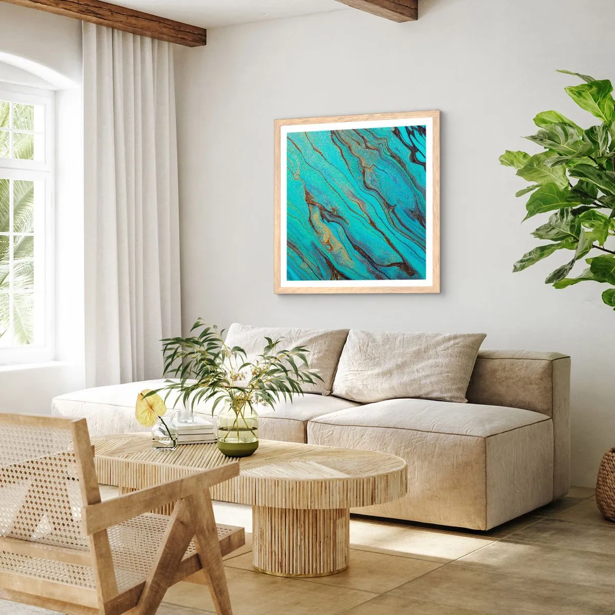 Affisch i ram av ljusek - Turkost tidvatten - 40x40 cm