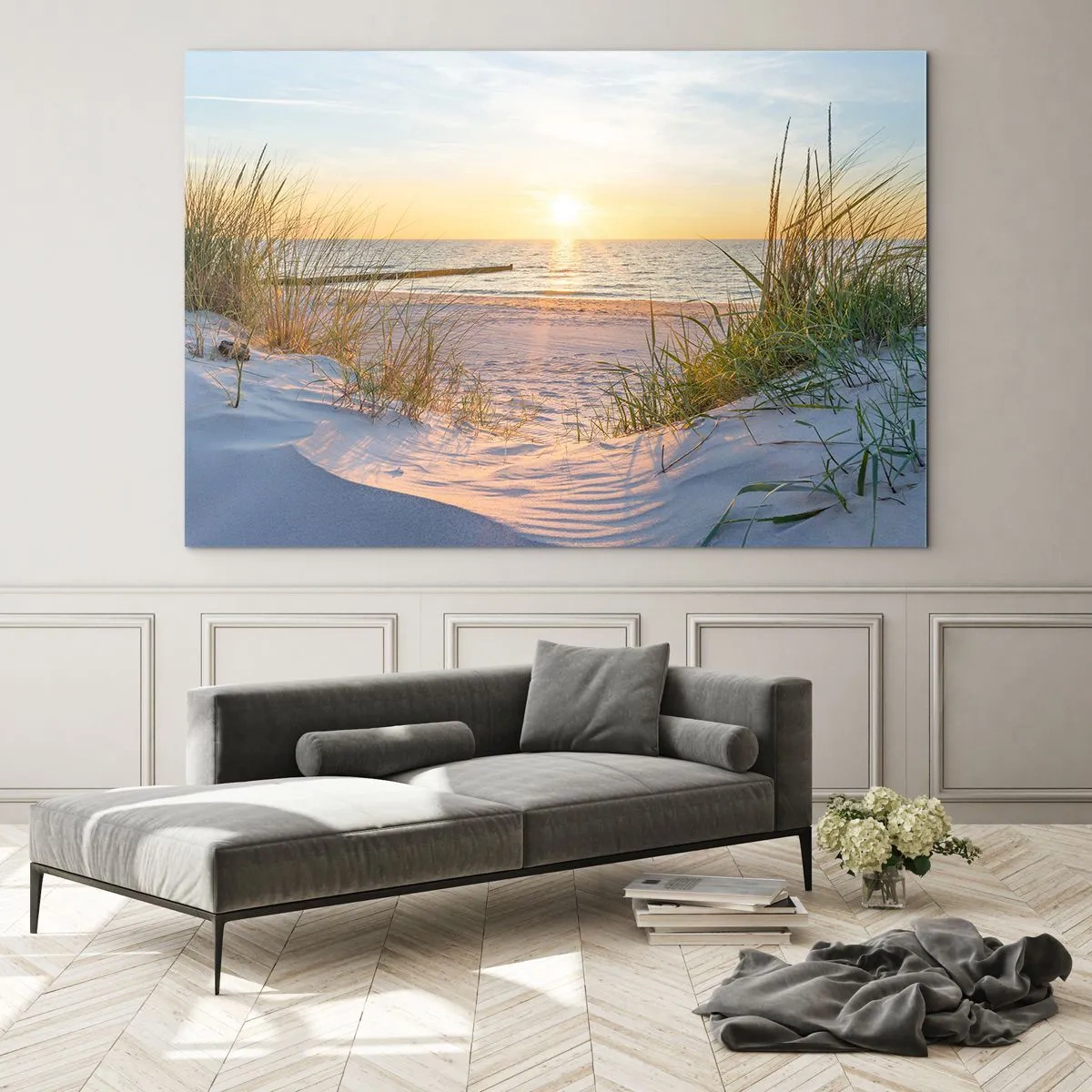 Glastavla - Bild på glas - Solnedgångsstrand med utsikt över havet och sanddynerna - 70x50cm - Havets brus, fågelsång, tom strand bland träden - Modern väggdekoration för vardagsrum och sovrum ARTTOR