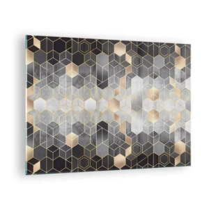 Glastavla - Bild på glas - Geometriskt mönster av hexagoner i gyllene linjer - 70x50cm - Diamantkomposition - Modern väggdekoration för vardagsrum och sovrum ARTTOR