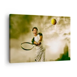 Canvastavla - Bild på duk - Tennisspelare i aktion under en match mot bakgrund av ett urbant landskap - 70x50cm - Energi och glädje - Modern väggdekoration för vardagsrum och sovrum ARTTOR