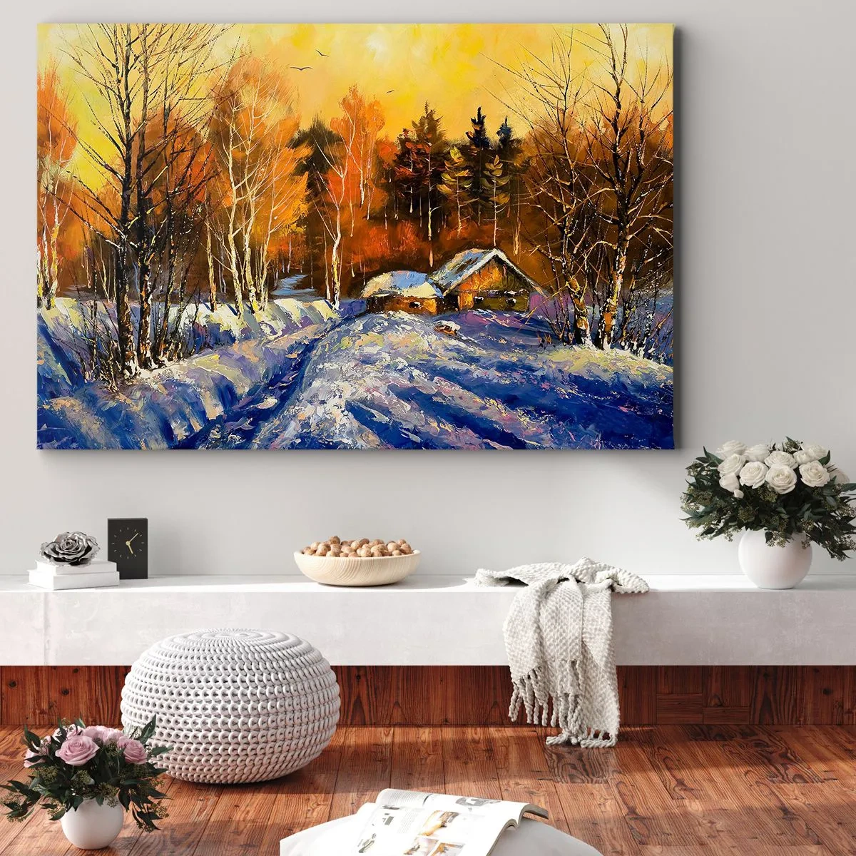 Canvastavla - Bild på duk - Vinterlandskap med ett hus i ljuset av den nedgående solen - 70x50cm - Vinterimpression i solen - Modern väggdekoration för vardagsrum och sovrum ARTTOR