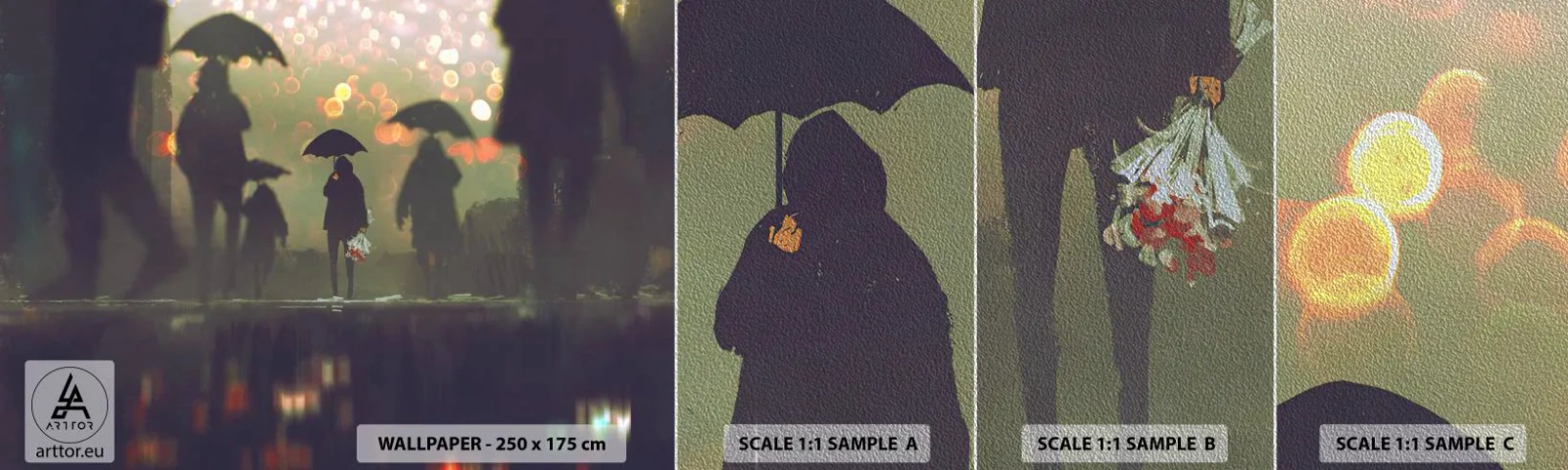 Provbit av fototapet Premium Sand - Ur vattendroppens perspektiv - Gå i regnet, människor, Grafik - 100x30 cm