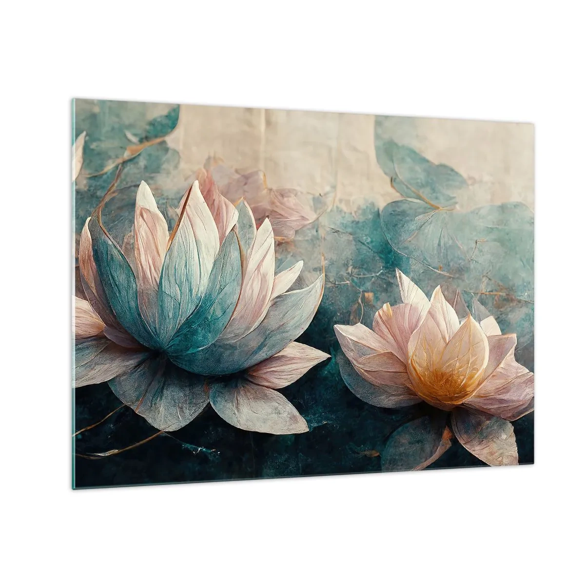Glastavla - Bild på glas - Konstnärlig representation av lotusblommor mot en bakgrund av vattenblad. - 70x50cm - Stjärnor i en sjö - Modern väggdekoration för vardagsrum och sovrum ARTTOR