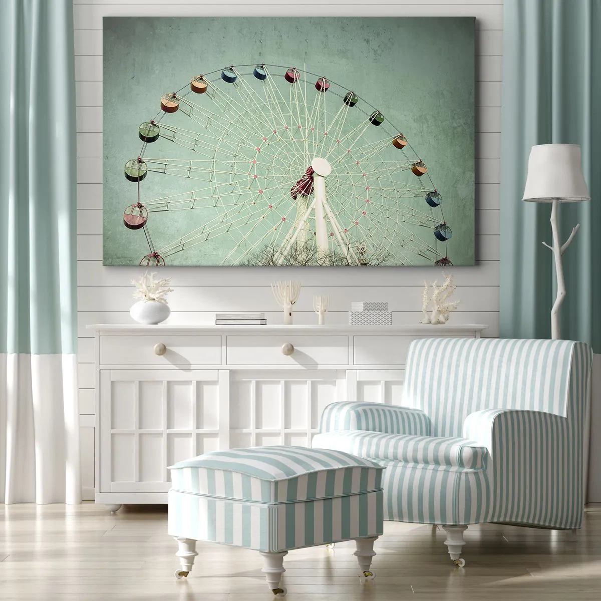 Canvastavla - Bild på duk - Ett färgglatt pariserhjul mot en blå himmel i retrostil - 70x50cm - Välkommen att ha kul - Modern väggdekoration för vardagsrum och sovrum ARTTOR