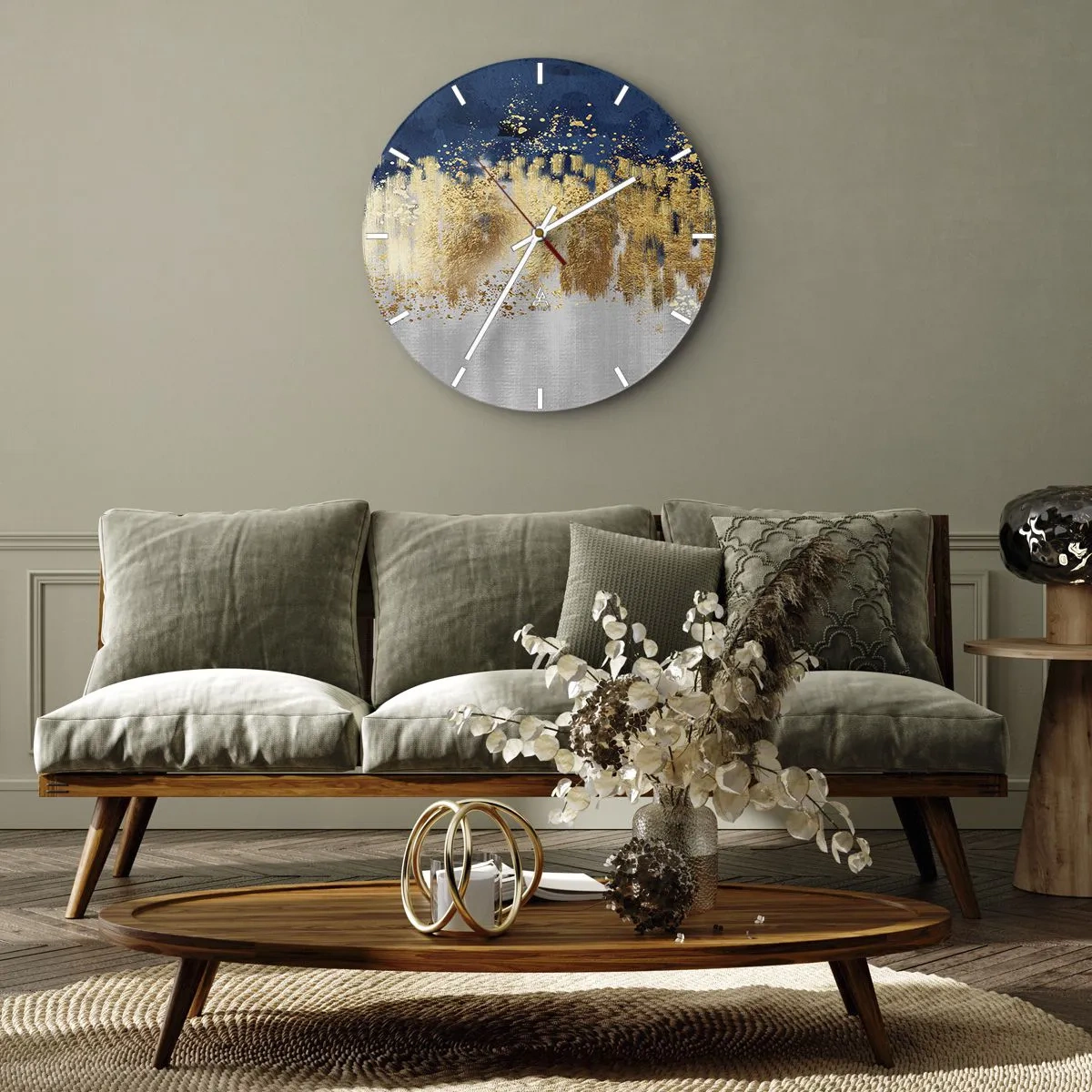 Väggklocka - Klocka på glas - Gyllene reflektioner och en blå-silver bakgrund i abstrakt stil - 30x30cm - Modern komposition med blixt - Modern väggdekoration för vardagsrum, kök och sovrum ARTTOR