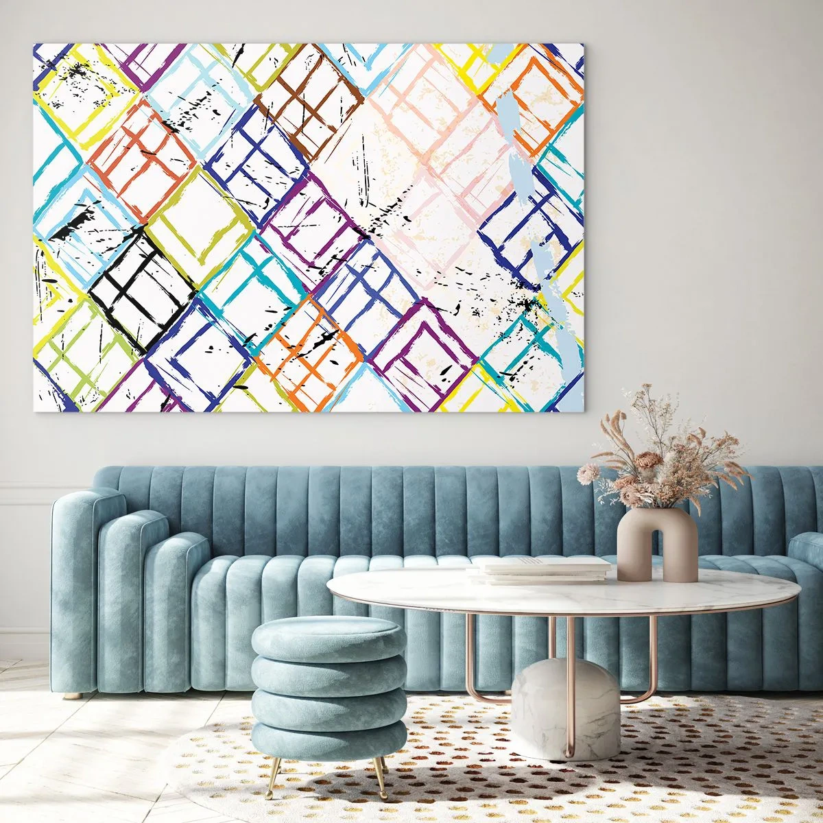 Glastavla - Bild på glas - Abstrakt mönster med flerfärgade romber - 70x50cm - Celler för uthyrning - Modern väggdekoration för vardagsrum och sovrum ARTTOR