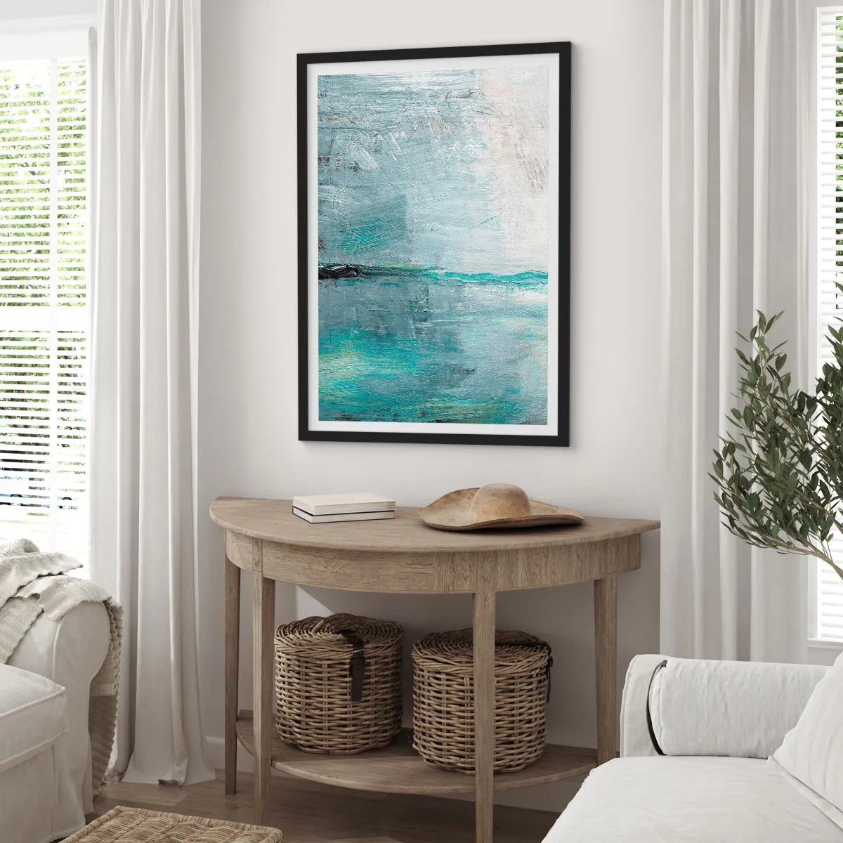 Affisch i svart ram - Abstrakt landskap i nyanser av blått och grått - 50x70cm - Horisontellt i blått - Modern väggdekoration för vardagsrum och sovrum ARTTOR