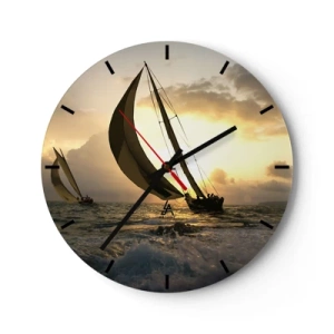 Väggklocka - Klocka på glas - Segelbåtar på öppet hav vid solnedgången - 30x30cm - Med och mot vinden - Modern väggdekoration för vardagsrum, kök och sovrum ARTTOR