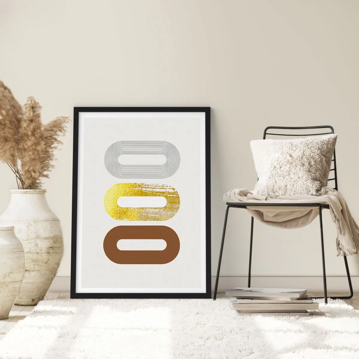 Affisch i svart ram - Geometriska former i nyanser av guld, brunt och grått - 50x70cm - Ooo! - Modern väggdekoration för vardagsrum och sovrum ARTTOR